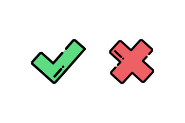 Tick check mark and cross mark icon. Approved and rejected. Colored outline vector design isolated illustration.