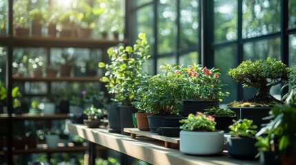 A bright greenhouse displays various potted plants, including bonsai trees, in a serene setting with soft sunlight filtering through the glass walls.