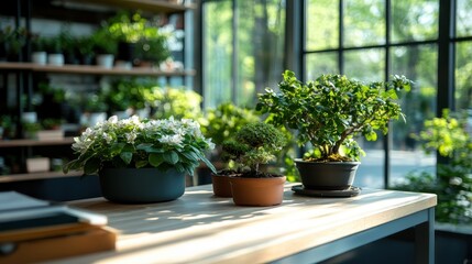 A collection of potted indoor plants placed on a wooden table, basking in the sunlight streaming through large windows, creating a serene and refreshing ambiance.