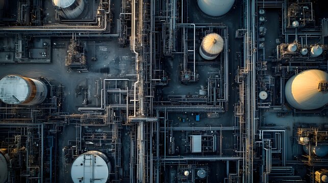 An aerial view of a sprawling petrochemical plant, with a complex network of pipelines weaving between massive storage tanks.