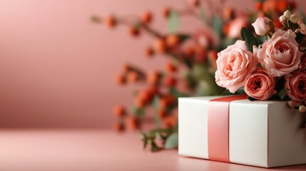 Fototapeta premium A beautifully wrapped gift box, adorned with soft pink roses and delicate blooms, sits elegantly in an artistic composition, evoking a sense of celebration and joy.