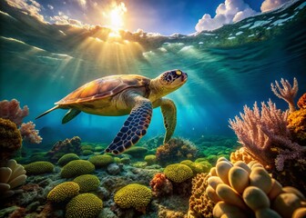 Fototapeta premium Green Sea Turtle in Ras Al Hadd, Oman - Stunning Marine Life Photography