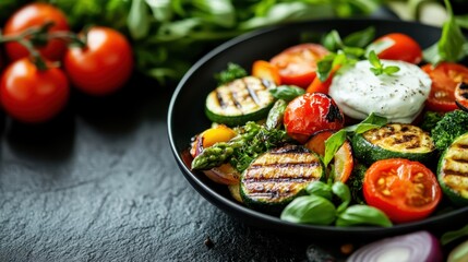 A medley of grilled vegetables, including zucchini and tomatoes, paired with fresh herbs and a portion of soft cheese, offering a harmonious balance of flavors.