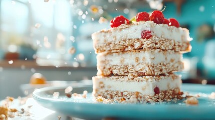 Granola bars appear to float with oats and raspberries falling around them, illuminated by natural morning light, conveying freshness and an energetic start to the day.