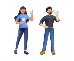 Men and women drinking water from glass set. 3D Vector illustration