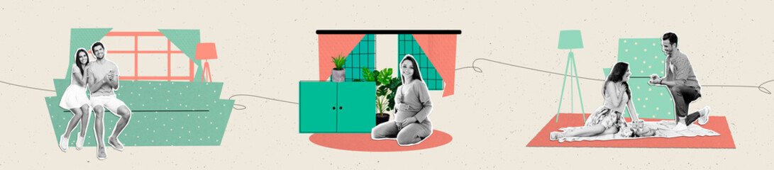 Multiple collection collage of renovation new apartments move inside new flat man engagement to his girlfriend isolated on white color background