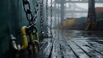 Close-up of a damp, industrial environment featuring yellow chains and a wooden surface with reflections, evoking a moody atmosphere.