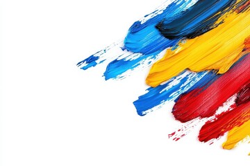 Fototapeta premium Bright streaks of blue, yellow, red, and green paint flow across a clean white surface, showcasing a lively and artistic display.