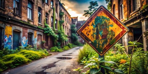 Fototapeta premium Grunge Road Sign in Urban Decay - Capturing the Essence of Abandonment and Nature's Reclamation