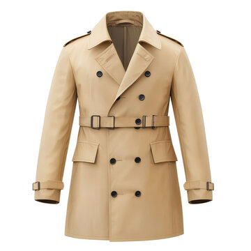 Beige trench coat with double-breasted design, white isolated background,transparent background