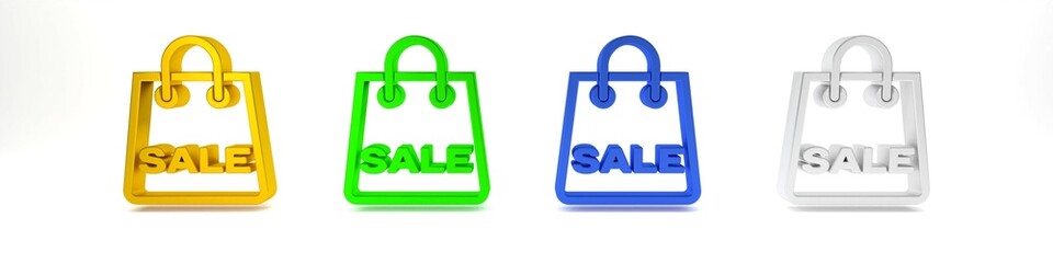 Colorful Shopping bag with an inscription Sale icon isolated on white background. Handbag sign. Woman bag icon. Female handbag sign. Minimalism concept. 3D render illustration
