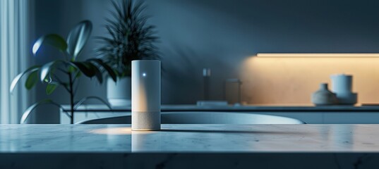 Smart Home Assistant Tech Product Launch Banner in Futuristic Minimalist Setting