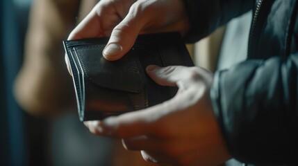 Bankrupt man, empty wallet (no money) in the hands of a bankrupt man due to economic downturn, no credit, crisis, high cost of living in the city. No money in wallet and bankruptcy