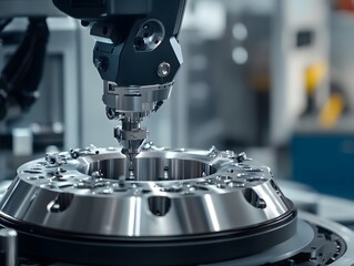 Robot performing a final quality inspection on a precision machined part, robotic inspection, high-tech manufacturing QC