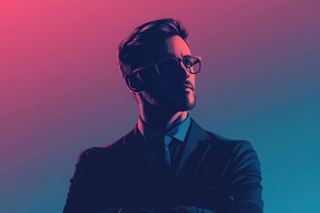 Fototapeta premium A consultant stands confidently with arms crossed, highlighting a minimalist style. The modern design emphasizes a blend of vibrant lighting, showcasing professionalism and poise.