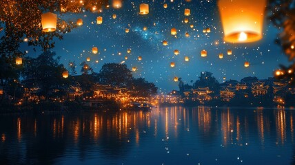 Fototapeta premium Floating Lanterns Over Water at Night