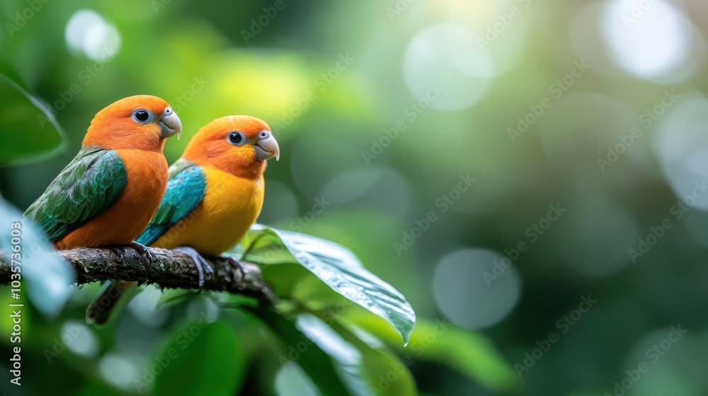 Poster two bright parrots sit perched on a branch surrounded by greenery, their colorful feathers perfectly