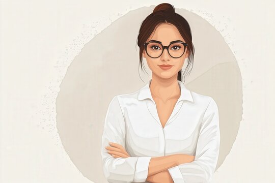 A confident consultant woman stands with her arms crossed, dressed in a clean, minimalist white shirt. The background is soft, emphasizing her professional demeanor and focus on work.