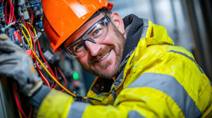 Electrician in safety gear smiling while working on electrical wiring. bright orange helmet and reflective jacket highlight importance of safety in electrical field