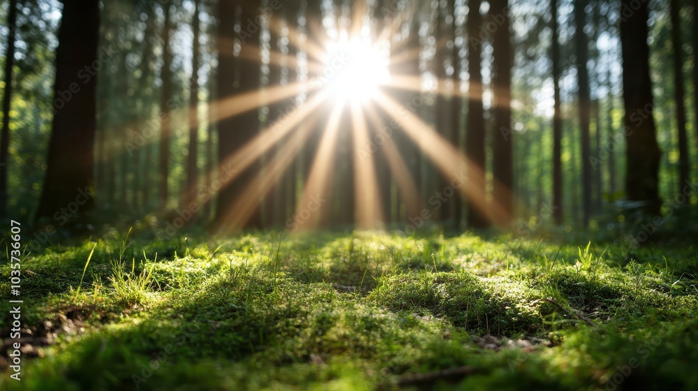 Poster sunlight streams magically through towering forest trees, casting ethereal beams on lush greenery be