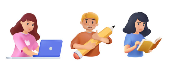 3D Illustration about education. Students holding pencils and books, working with laptop exploring, building knowledge