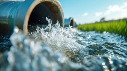 A vivid depiction of water streaming from irrigation pipes into a paddy field, highlighting sustainable agriculture and the crucial role of water management in farming.