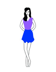 Vector illustration of a girl's silhouette in a lilac blouse and a short blue skirt. The image conveys elegance and style