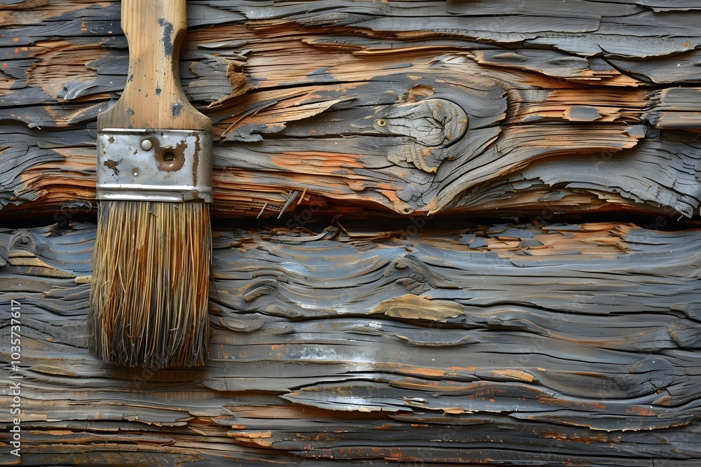 Poster rustic wooden surface with a paintbrush: a close-up view of texture and color
