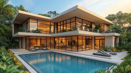 Fototapeta premium luxurious modern tropical villa features sleek lines and expansive swimming pool set against a lush backdrop blending contemporary style with natural beauty
