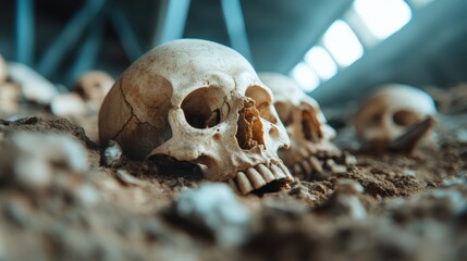 A haunting cluster of skulls is captured in a dim, shadow-filled ruin, provoking thought and reflection on mortality and history under an obscure light.