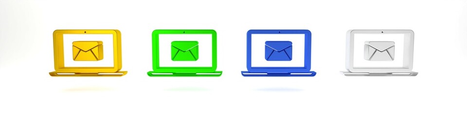 Colorful Laptop with envelope and open email on screen icon isolated on white background. Email marketing, internet advertising concepts. Minimalism concept. 3D render illustration