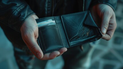 Bankrupt man, empty wallet (no money) in the hands of a bankrupt man due to economic downturn, no credit, crisis, high cost of living in the city. No money in wallet and bankruptcy