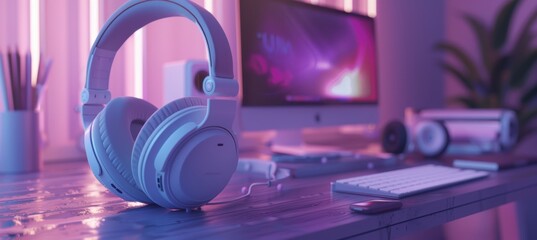 Modern Wireless Headphones on Minimalist Desk with Futuristic Lighting for High-End Electronics Branding