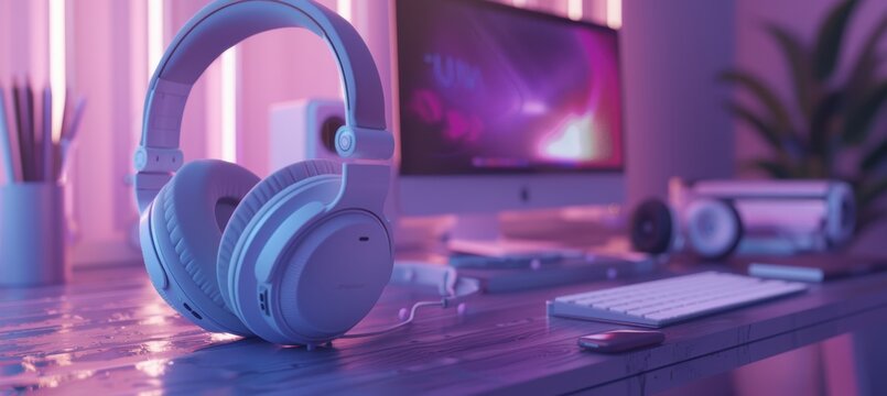 Modern Wireless Headphones on Minimalist Desk with Futuristic Lighting for High-End Electronics Branding