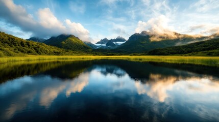 Obraz premium A breathtaking landscape featuring a tranquil lake reflecting majestic mountains under a cotton-like cloud-strewn sky, evoking a sense of serene beauty and peace.