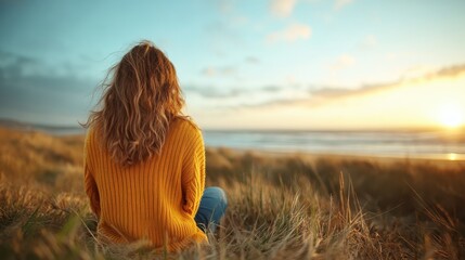 Obraz premium A woman sits peacefully, wrapped in thoughts, gazing at the vast ocean under a breathtaking sunset, the sky painted with hues of orange and pink, evoking tranquility.