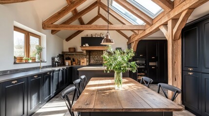 Fototapeta premium Contemporary farmhouse kitchen with black cabinetry, a skylight, and oak beams. The dining table holds a simple vase of greenery.