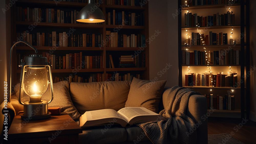 Wall mural cozy reading nook with soft lighting and decor