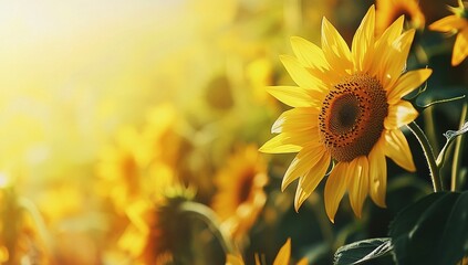 Sunlit sunflower field banner, blurred yellow flowers background, warm spring and summer day