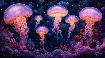 Glowing Purple Jellyfish in Bioluminescent Scene