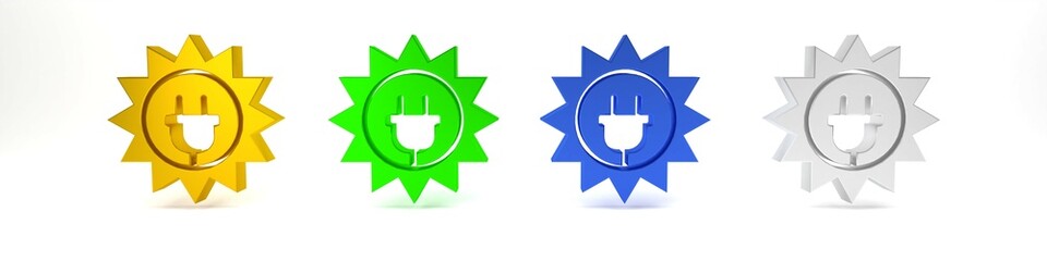 Colorful Solar energy panel icon isolated on white background. Sun and electric plug. Minimalism concept. 3D render illustration