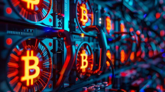 A close-up view of a Bitcoin mining rig with illuminated graphics cards.