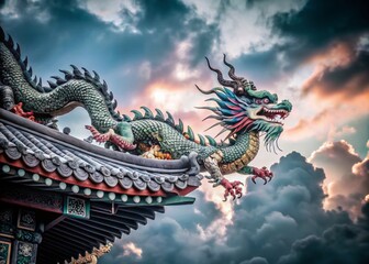Fototapeta premium Happy New Year 2024: Year of the Dragon - A Majestic Dragon Soaring Above the Clouds