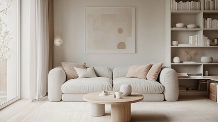 Minimalist Living Room with Neutral Tones, Cozy Scandinavian Interior, Modern Home Decor, Generated AI