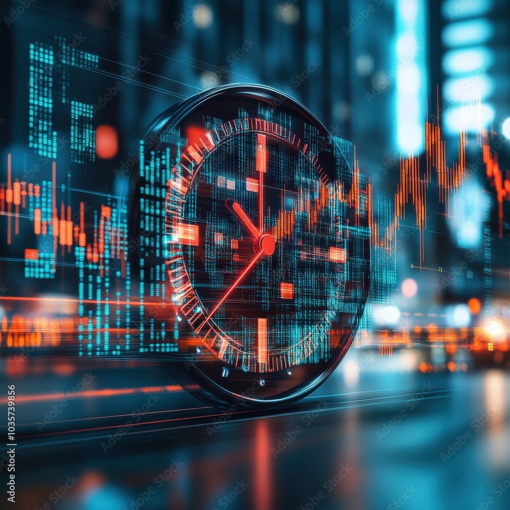 Poster a futuristic clock set against a vibrant financial chart backdrop symbolizes the intersection of tim