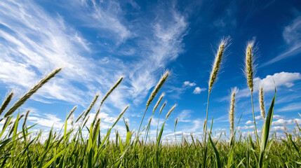 Fototapeta premium Lush green grass sways gently under bright blue sky filled with fluffy clouds, creating serene and peaceful landscape. vibrant colors evoke sense of tranquility and connection to nature