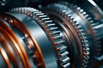 A close-up of metallic gears showcasing intricate teeth and a polished finish, emphasizing precision engineering and machinery.