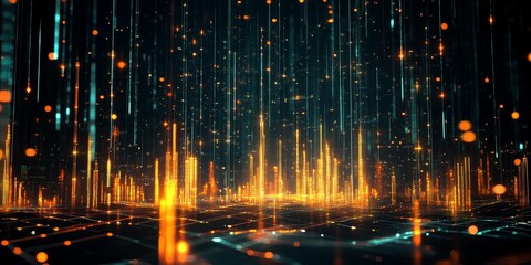 Abstract digital cityscape with glowing lights.