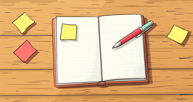 A opened note book and pen with some yellow notes in the style of vector illustrations
