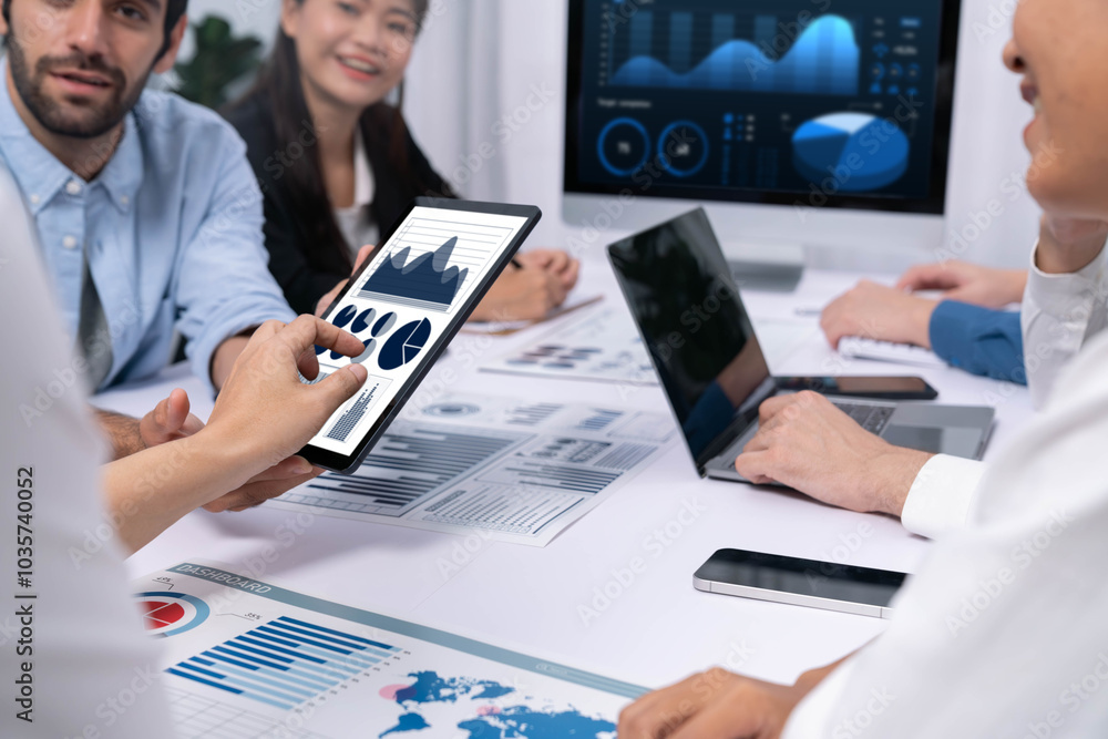 Aufkleber Analyst team uses BI Fintech display tablet to analyze financial data . Business people analyze BI software technology dashboard power for insights power into business marketing planning. Prudent
